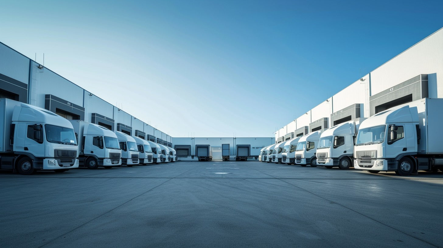 Large parking area with many white trucks lined up at warehouse bay doors under a clear blue sky