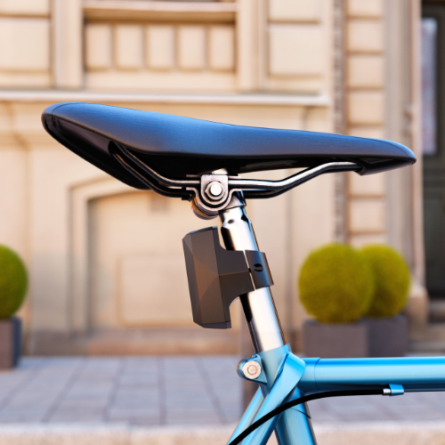 Nahaufnahme von Fahrradsattel und -sattelstütze mit angebrachtem Gemstone Bike GPS-Tracker, darunter ist der blaue Fahrradrahmen aus Leichtmetall zu sehen.