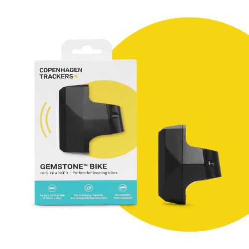 Gemstone Bike GPS tracker verpakking met de tracker ernaast, gele cirkel achtergrond