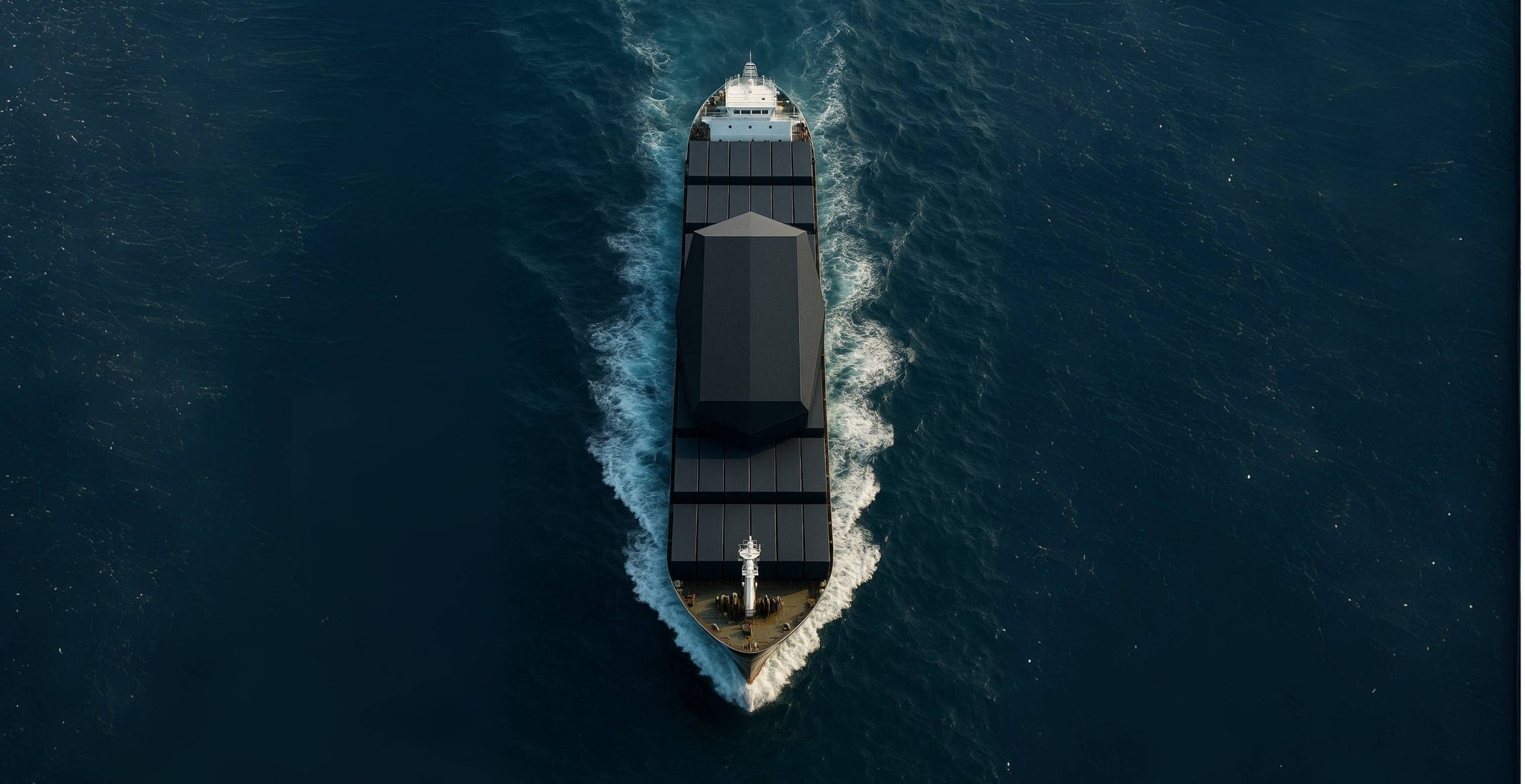 Top-down aerial view of a large container ship sailing through the ocean, designed to resemble a black, angular GPS tracker; the ship creates a foamy wake as it moves through deep blue water.