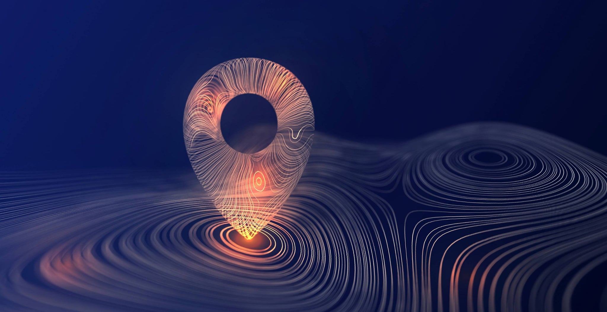 Stylized location pin composed of thin lines in a deep blue background, with orange light illuminating its base
