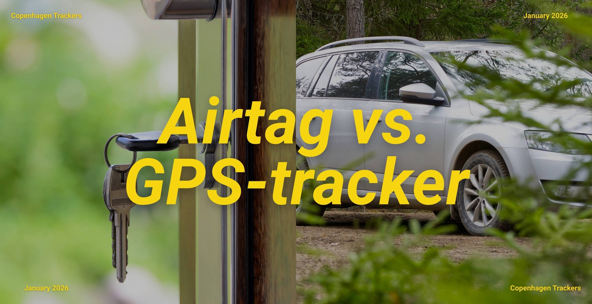 Sfondo sfocato dell'auto parcheggiata all'aperto sulla destra, chiavi appese alla porta sulla sinistra, testo sovrapposto "Airtag vs. GPS-tracker" 