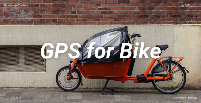 Orange cargo bike with a black cover against a brick wall, text 'GPS for Bike' overlayed.