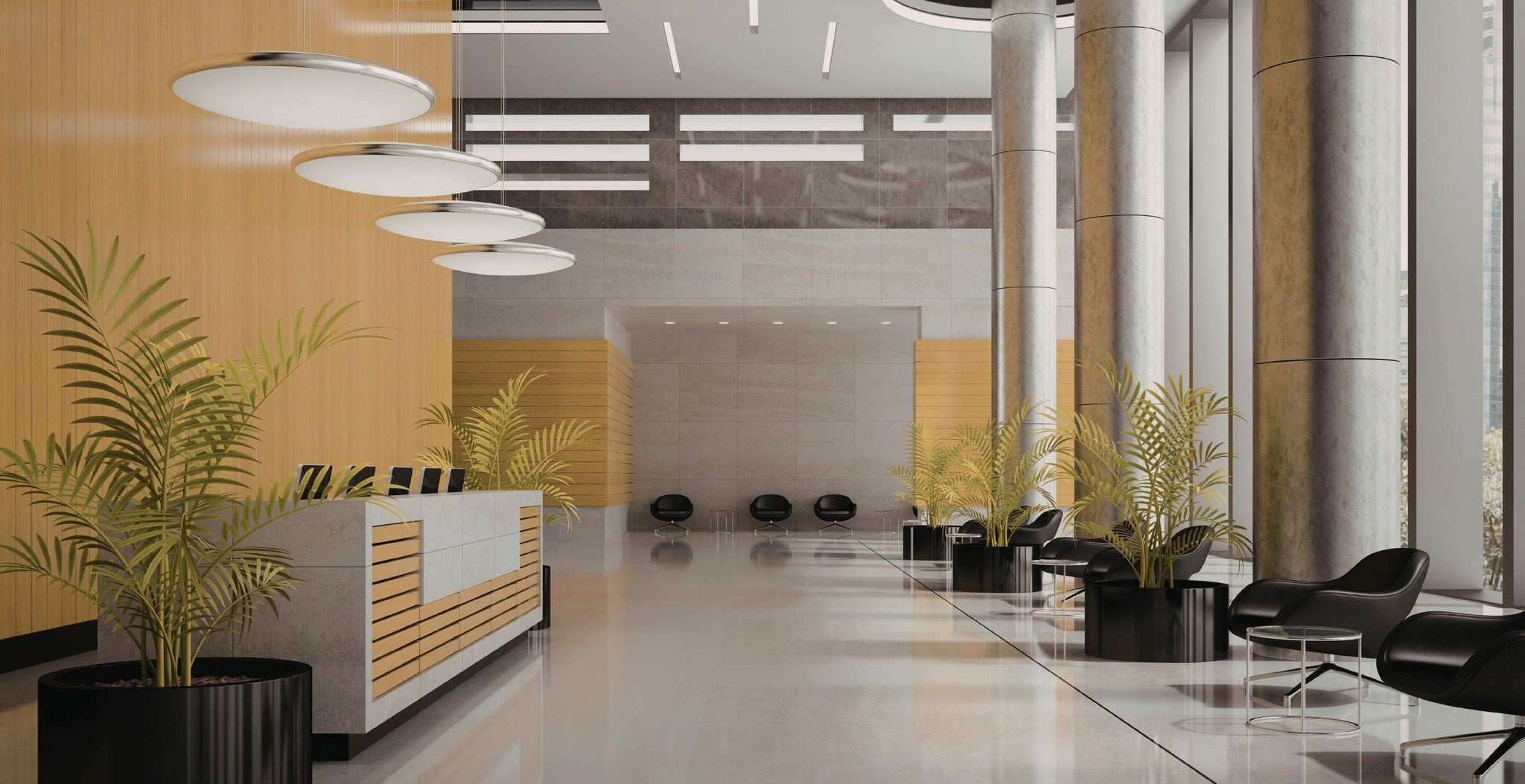 Modern office lobby with reception desk, chairs, and plants.
