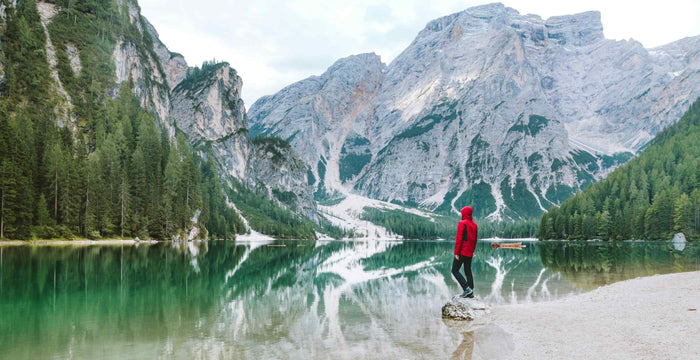 Person standing on a lake shore with mountains and trees in the background