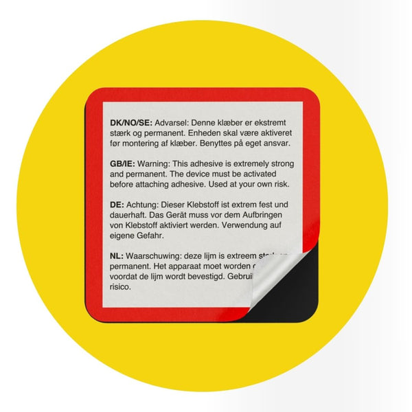 Adhesive label for GPS tracker with warning text on a yellow circle