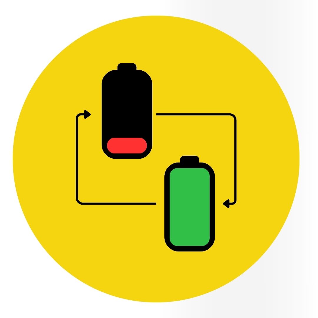 Two battery icons, one red and one green, on a yellow background with black lines connecting them.