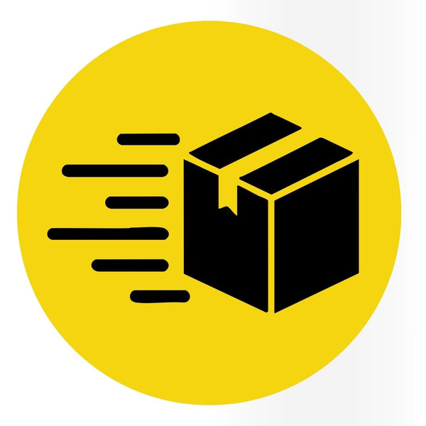 Black box with speed lines on a yellow circle