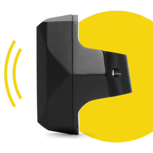Side view of the Gemstone Bike GPS tracker with a yellow circle background and connection stripes radiating from the left