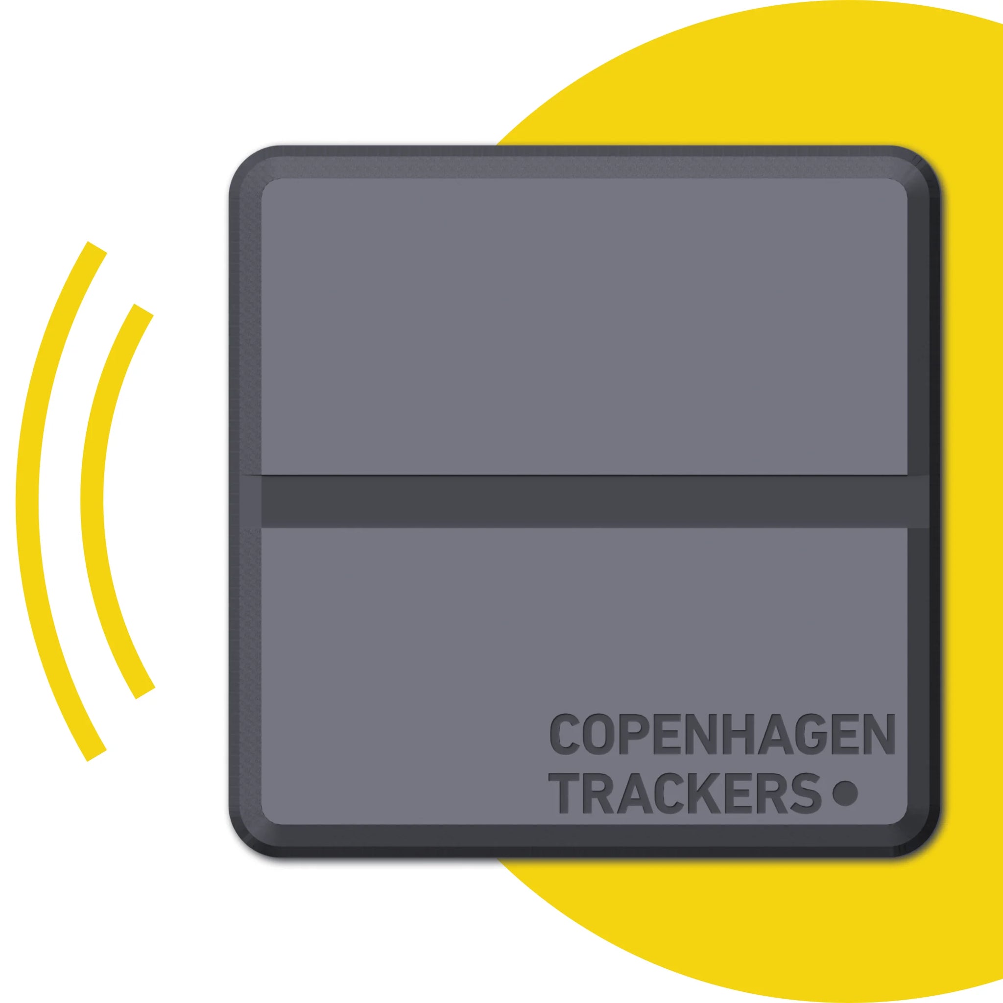 Localizzatore GPS Cobblestone 2.0 con il marchioCopenhagen Trackers su uno sfondo giallo a forma di cerchio con strisce che simboleggiano la connessione