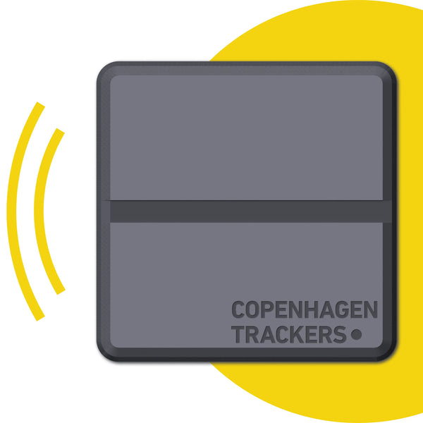 Cobblestone 2.0 GPS tracker with 'Copenhagen Trackers' branding on a yellow circle background with connection stripes