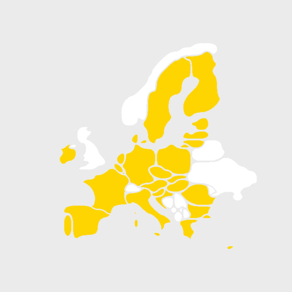 A stylised map of Europe filled with EU-member countries highlighted in yellow
