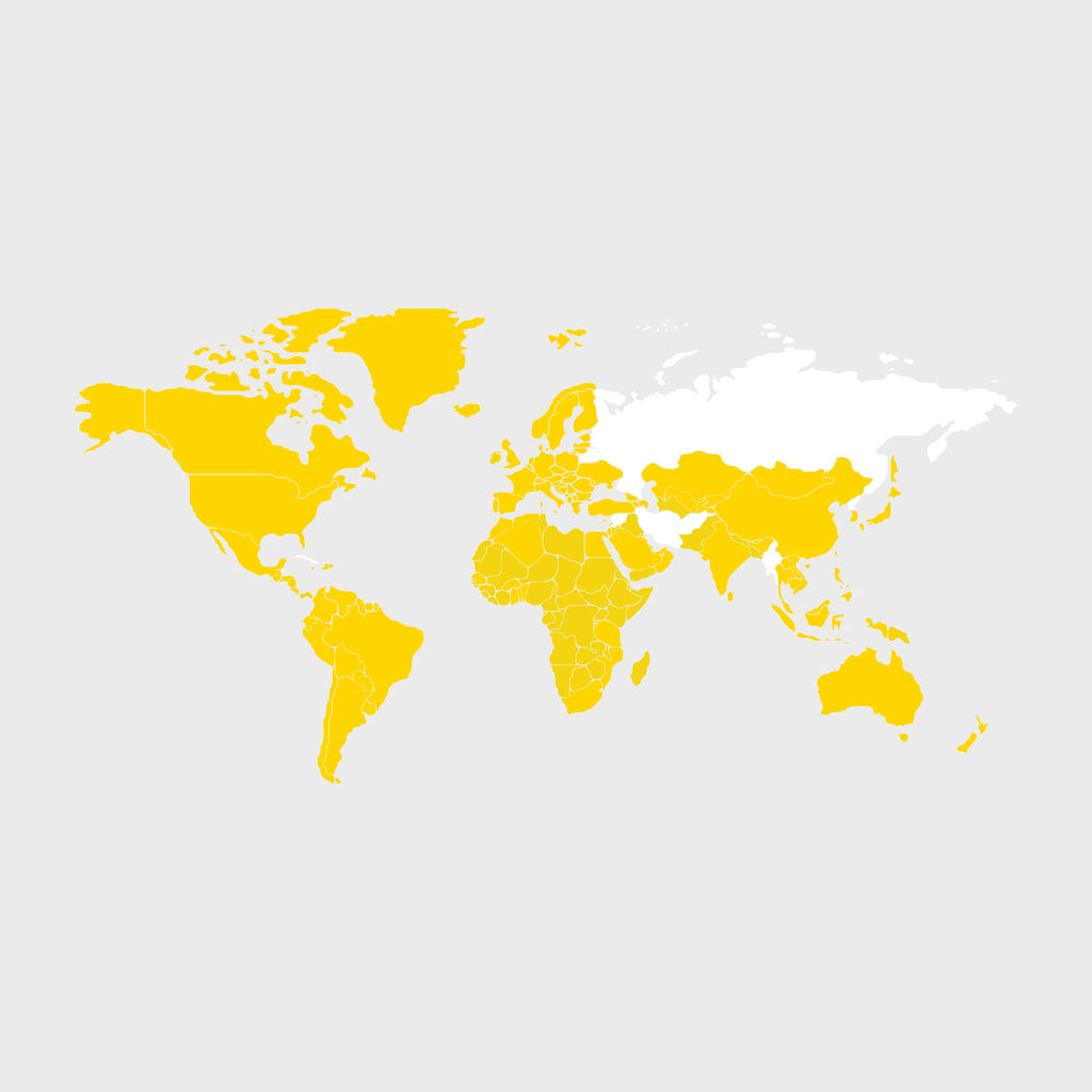 A stylised world map with almost all countries highlighted in a bright yellow. 