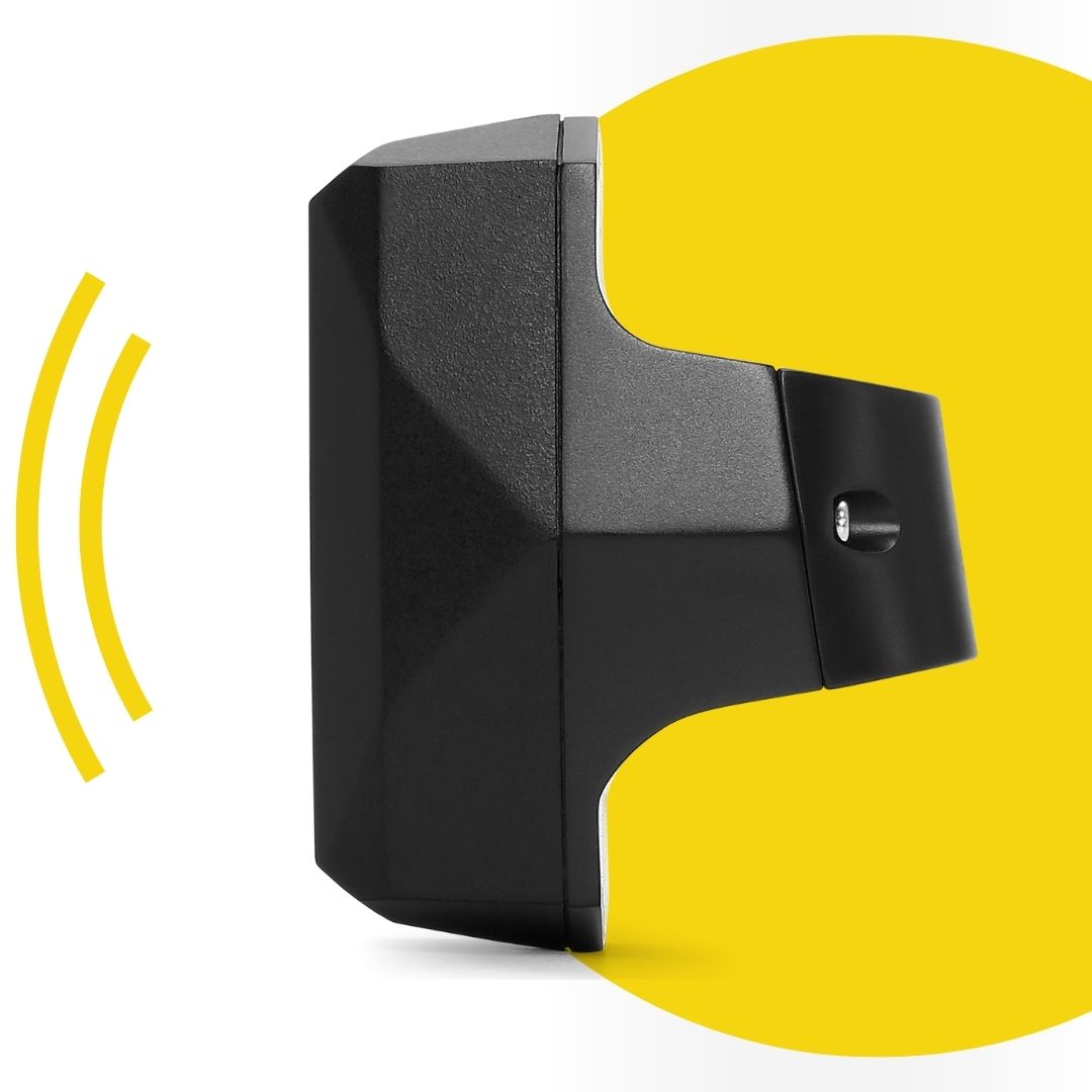 Side view of the Gemstone Bike GPS tracker with a yellow connection icon in the background.