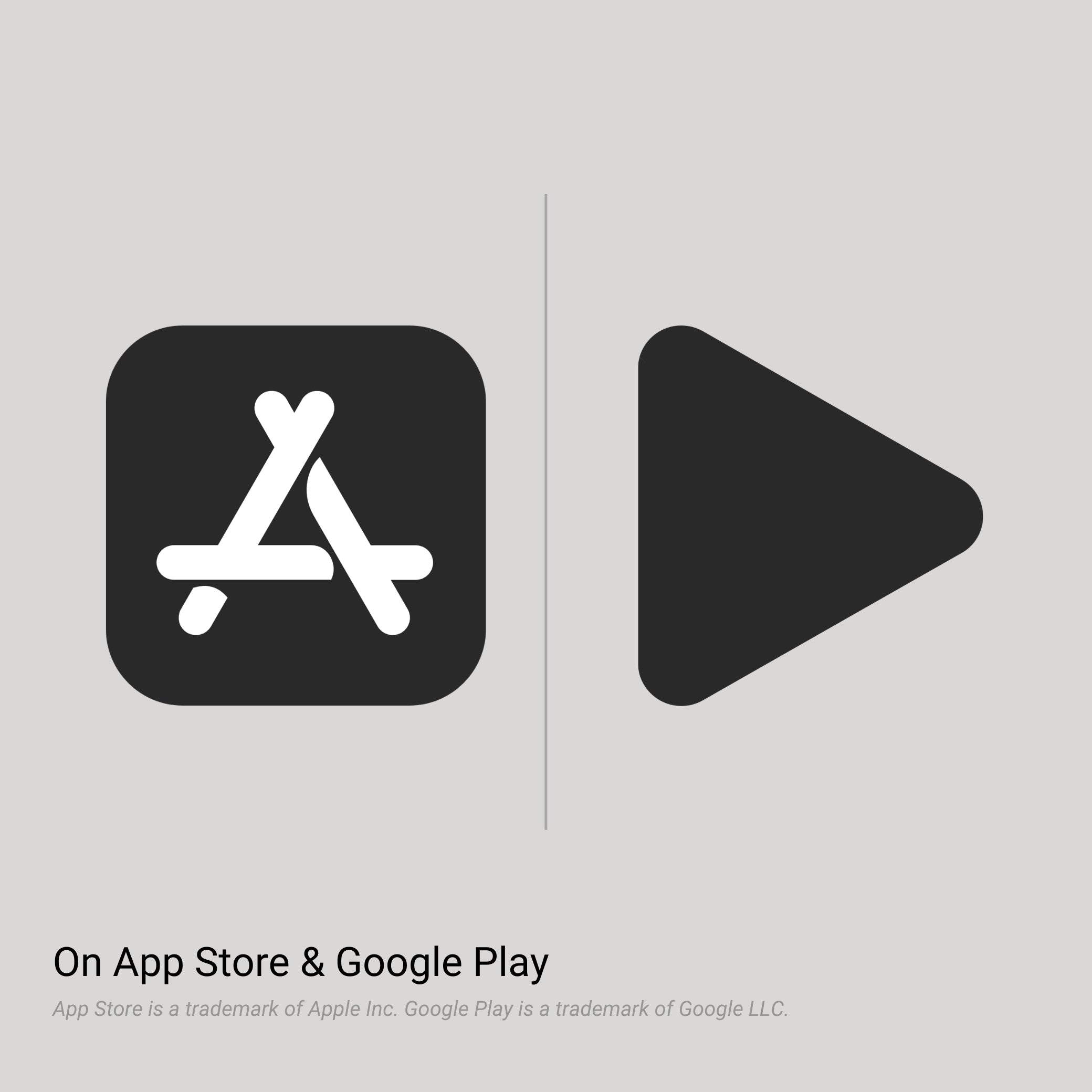 Un sencillo gráfico digital sobre un fondo gris claro en el que se ve el icono de la aplicación App Store a la izquierda y el icono de un botón de reproducción a la derecha, con el texto «En App Store y Google Play» debajo y pequeñas notas sobre las marcas registradas de Apple y Google.