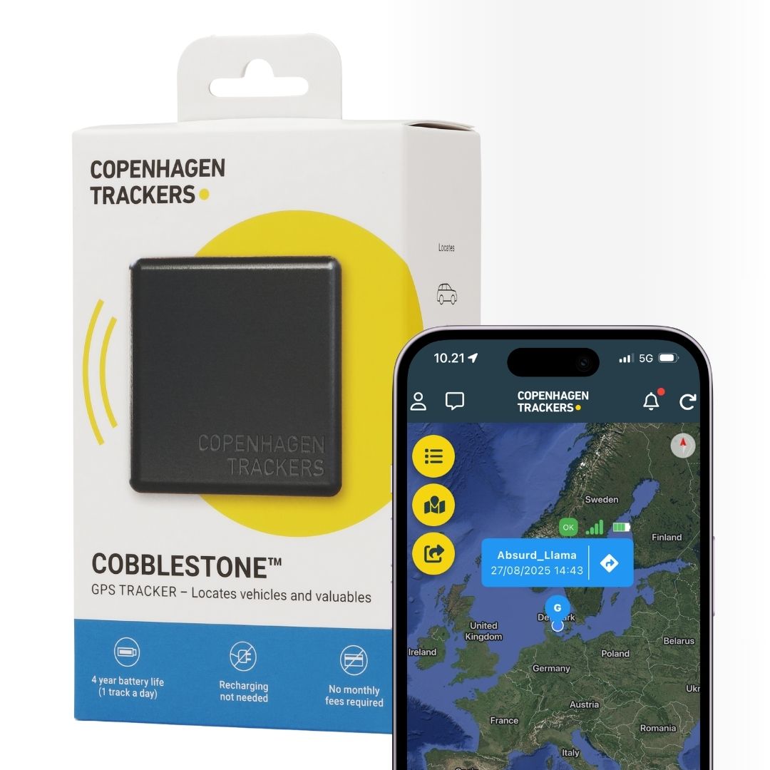 Embalaje del rastreador Copenhagen Trackers con interfaz de aplicación para smartphone.