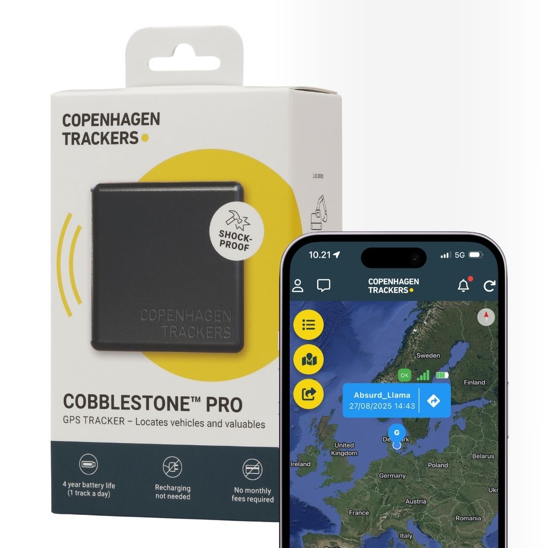 Copenhagen Trackers Cobblestone Embalaje del rastreador GPS con interfaz de aplicación para smartphone.