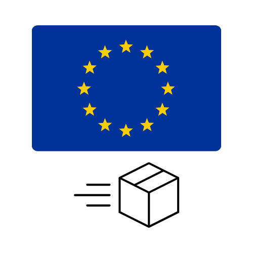 Euroopan unionin lippu, jonka alapuolella on EU-lähetyksiä symboloiva laatikkosymboli.