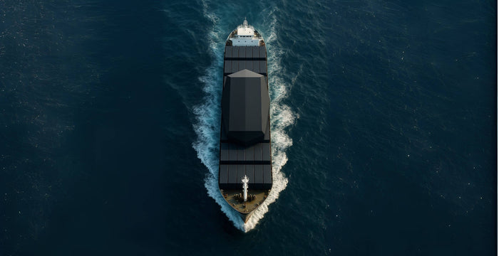 Vue aérienne de haut en bas d'un grand porte-conteneurs naviguant dans l'océan, conçu pour ressembler à un gps traceur noir et anguleux ; le navire crée un sillage écumeux alors qu'il se déplace dans l'eau bleue profonde.