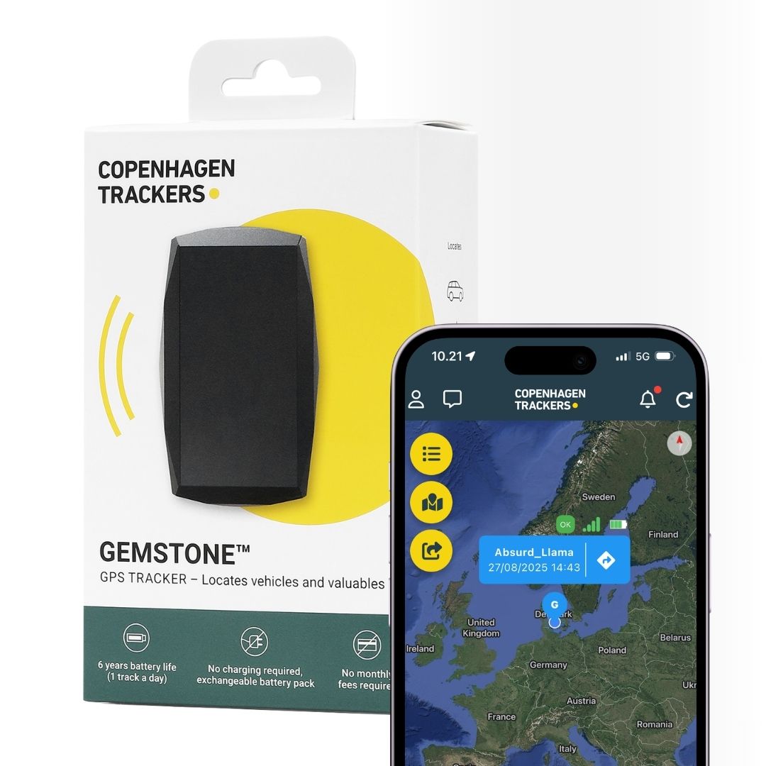 Copenhagen Trackers  Emballage du traceurGemstone avec smartphone affichant l'application de suivi.