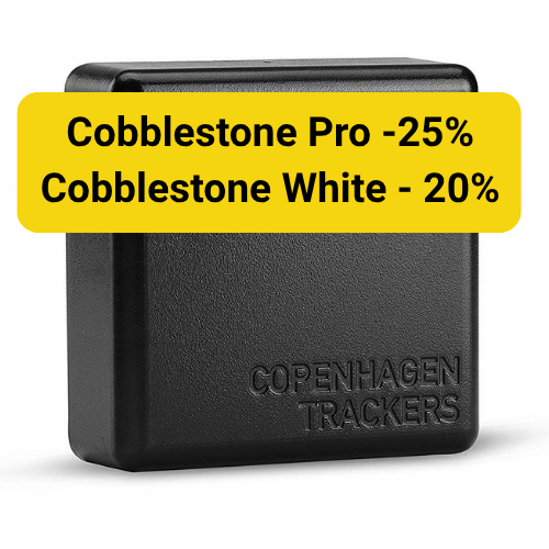 Il localizzatore GPS Cobblestone con un banner giallo mostra che Cobblestone Pro è ridotto del 25% e Cobblestone White del 20%.