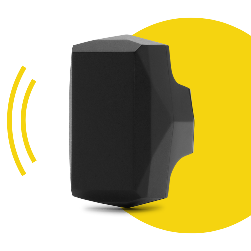 Kvartrotert frontvisning av Gemstone Sykkel-GPS-tracker med gul sirkelbakgrunn og forbindelsesstriper som stråler ut fra venstre
