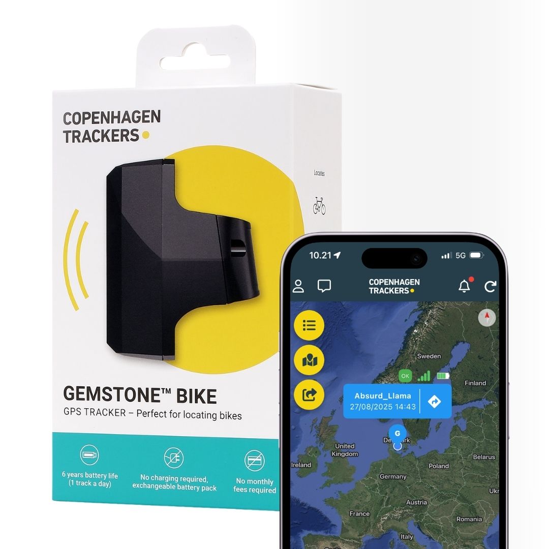 Copenhagen Trackers Gemstone GPS Tracker-förpackning med smartphone som visar appgränssnittet.